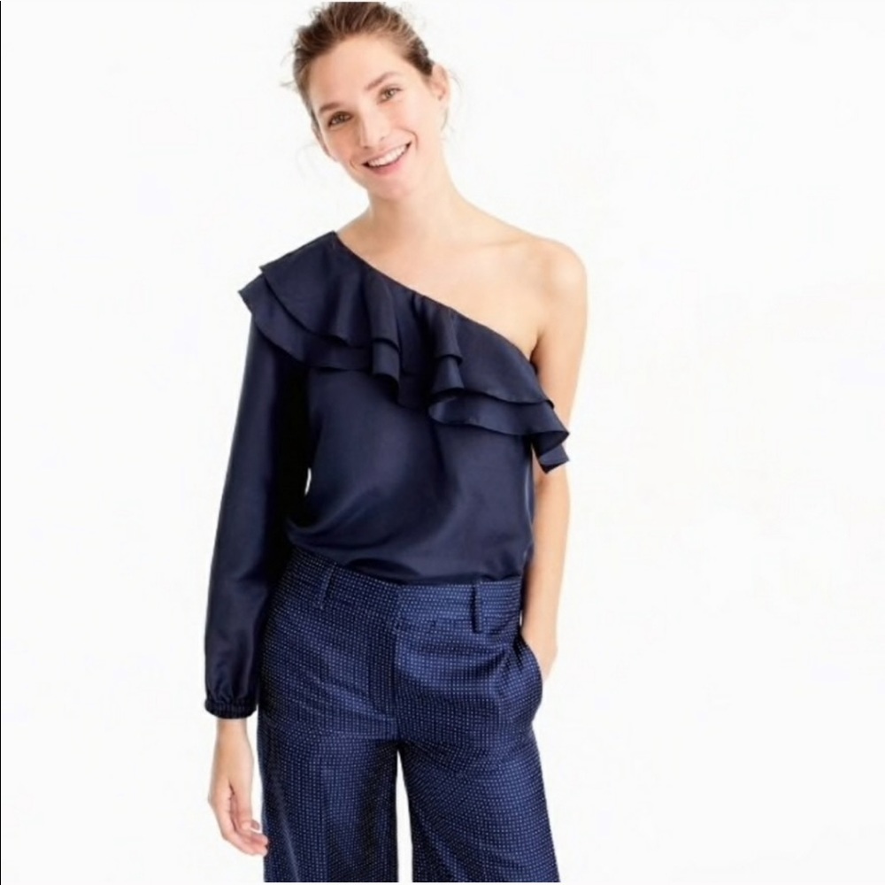 NWT JCrew Silk One Sleeve Navy Blue Ruffle Top 00 - Picture 2 of 11